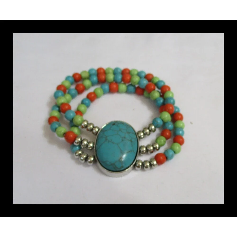 Paparazzi Stone Pools Multicolor Stretch Bracelet w/Turquoise Oval Stone BR-04
